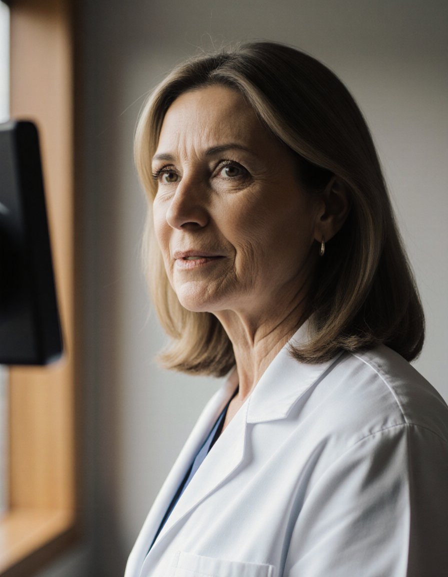 Médica atendendo por videochamada em consultório moderno